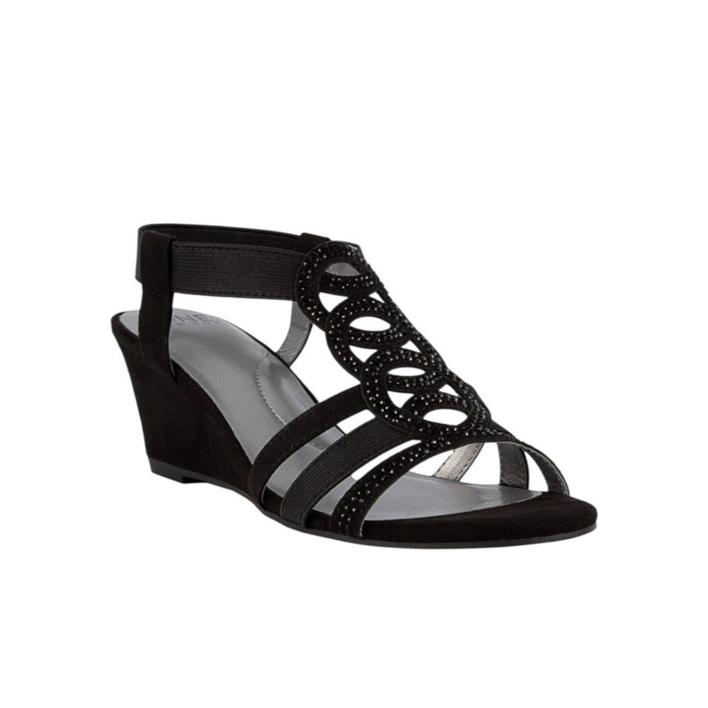 Jones New York Denice Embellished Strappy Wedge Sandal Elastic Ankle Black 8 NEW